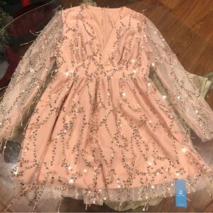 Cupshe x Gabby Windey Bright Spark Sequin Mesh Mini Dress - Peach/Beige